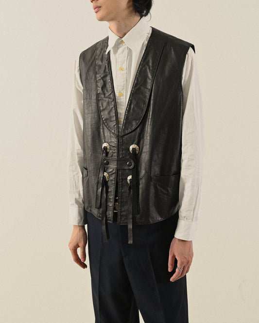 美國製絲瓜領型皮革古著背心