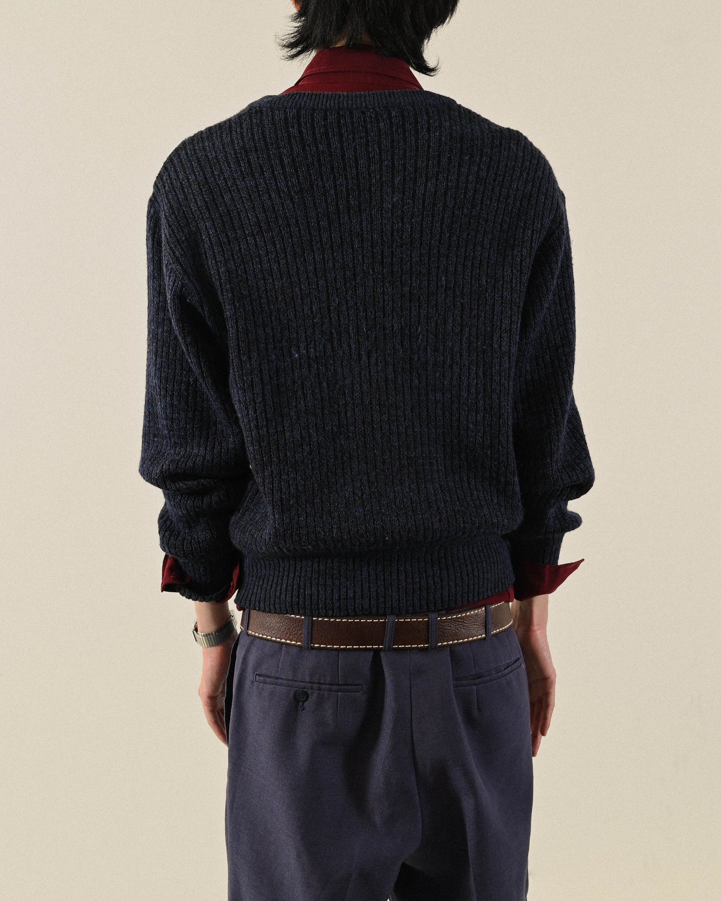 紋理拼接V領寬鬆古著毛衣