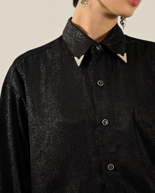 金屬領尖綴飾金蔥古著襯衫