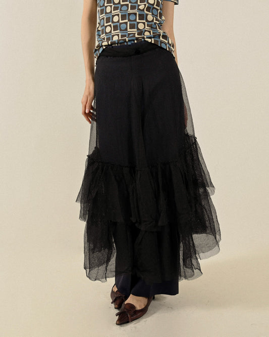 荷葉綴飾透膚紗質古著長裙