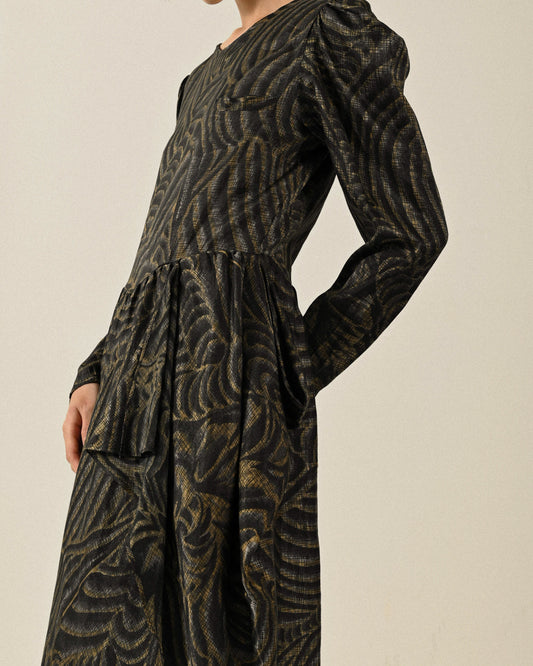 細緻抓褶印花古著洋裝