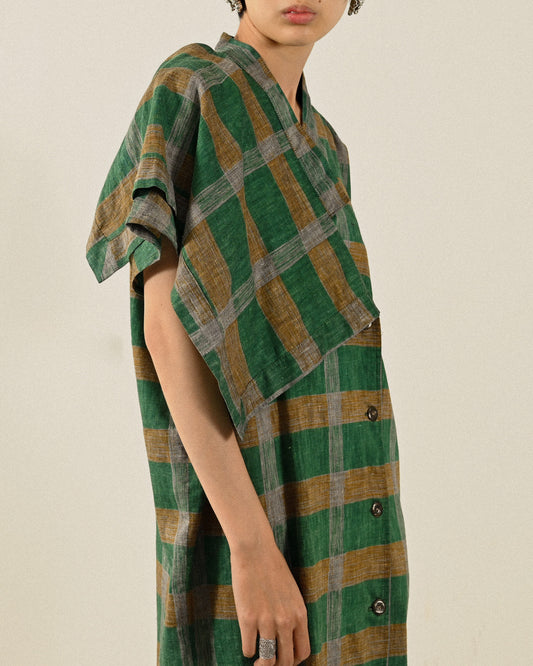 對色格紋肩部飾片古著洋裝