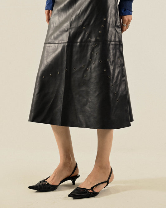 金屬釦眼人造皮革A字古著裙