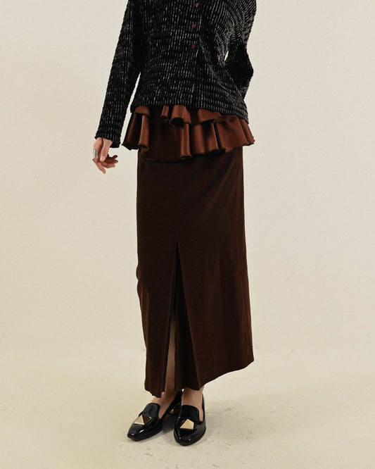 俐落開衩絨面高腰古著長裙