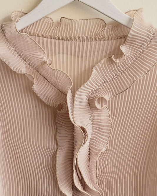 荷葉綴飾壓褶紗質古著上衣