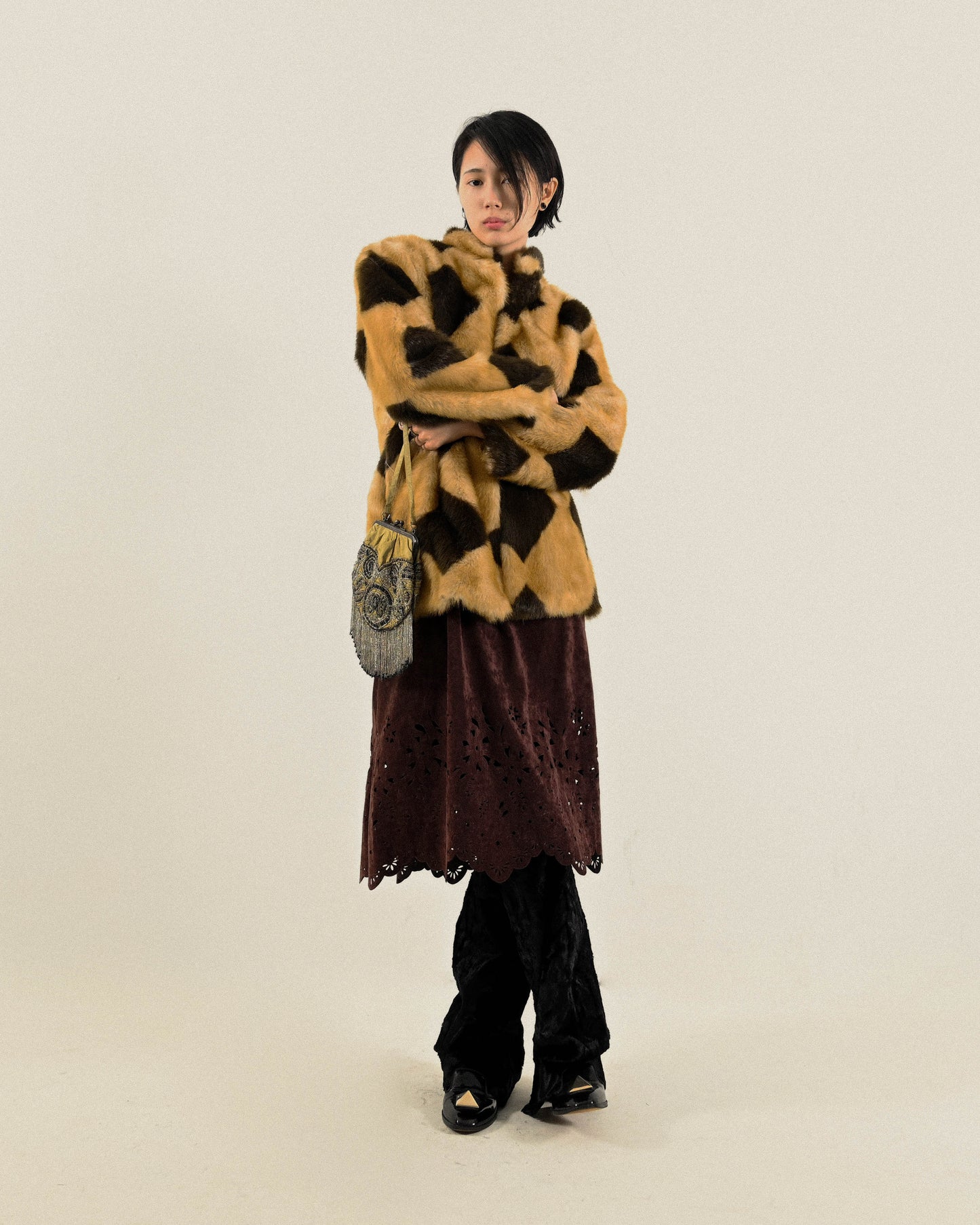 雷射雕花絨面無袖古著洋裝