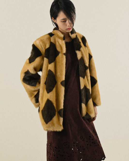 菱格圖紋人造皮草古著外套