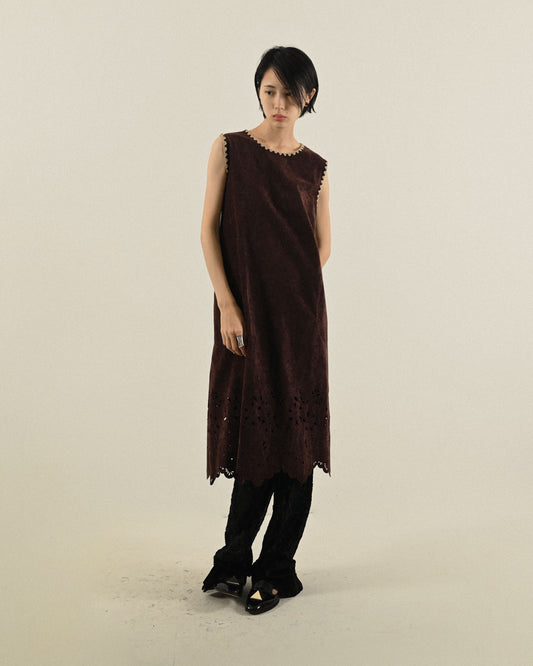 雷射雕花絨面無袖古著洋裝