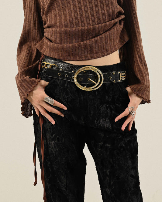 金屬扣環壓紋古著皮帶