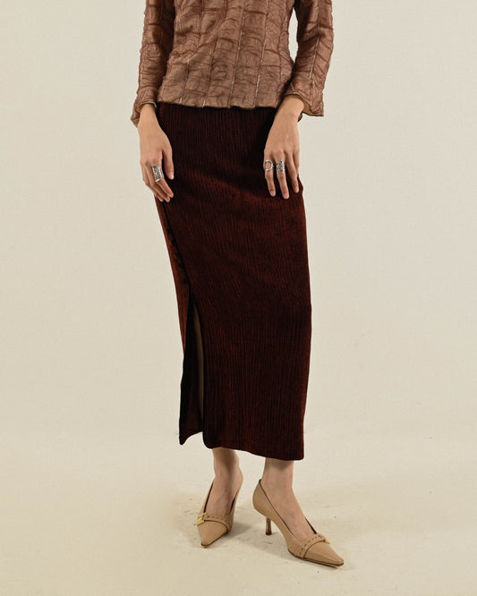 絨面緹花開衩古著長裙