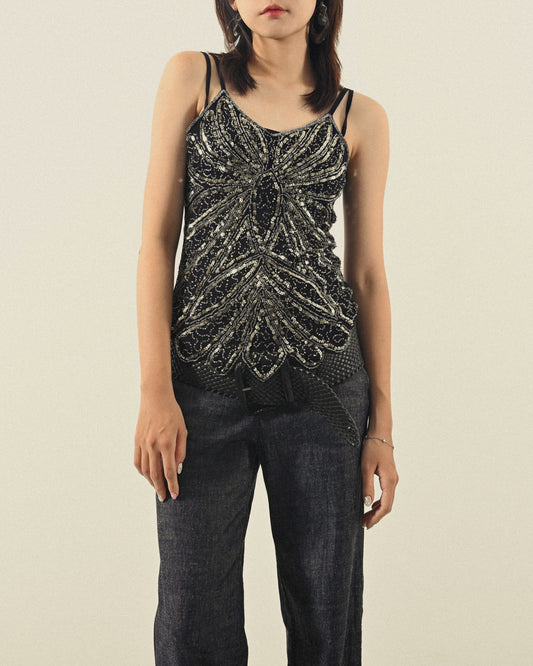 精工亮片綴飾細肩帶古著上衣