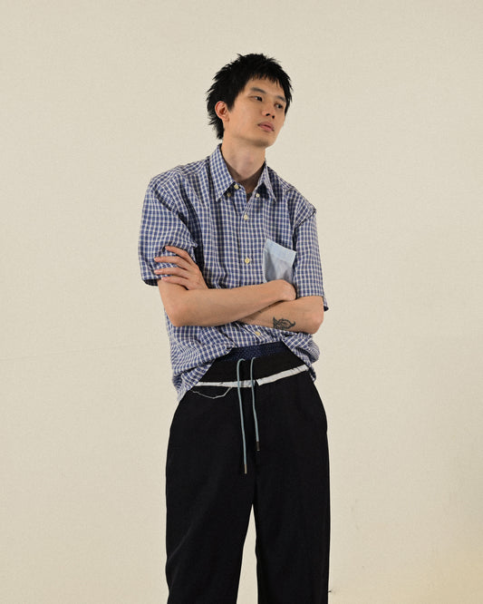 Upcycling拼色口袋短袖古著襯衫