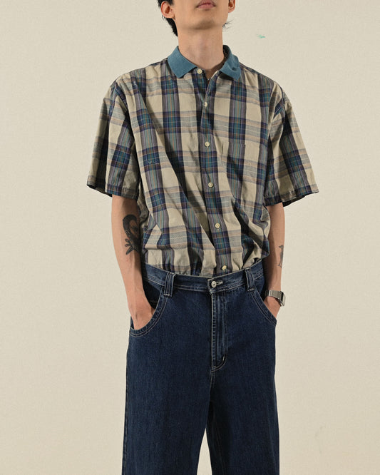 經典輪廓格紋短袖古著襯衫