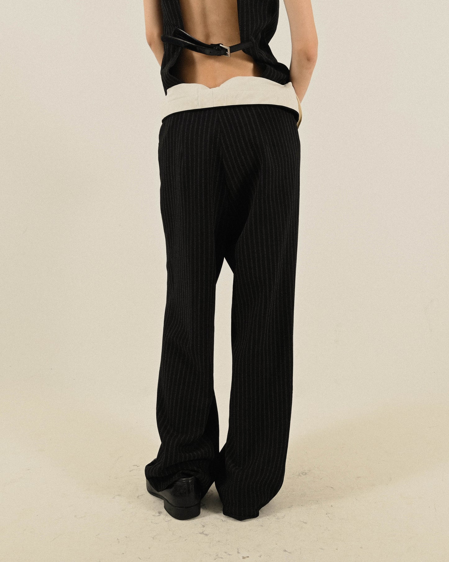 Upcycling反折褲頭條紋古著長褲