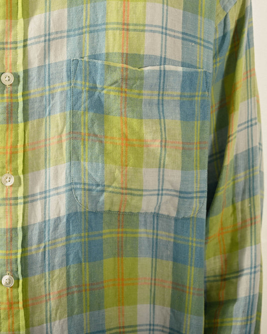 經典輪廓麻質格紋古著襯衫