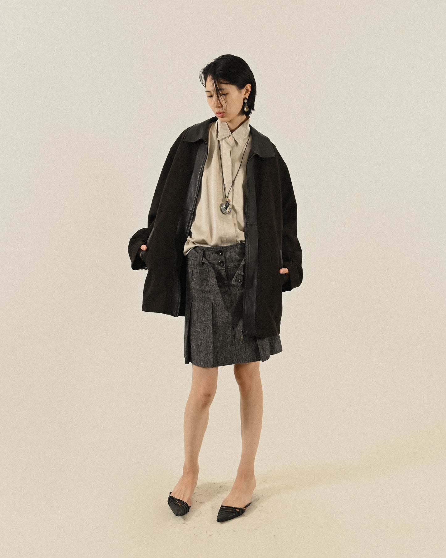 腰帶綴飾混色緹花古著百褶裙