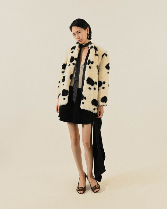 黑白斑紋人造皮草古著外套