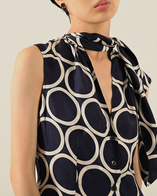 圓點印花純絲綁帶古著上衣