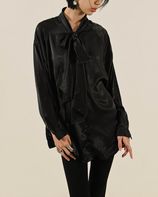 綁帶設計緞面古著襯衫