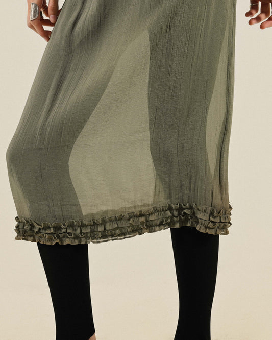 荷葉綴飾透膚紗質古著半身裙