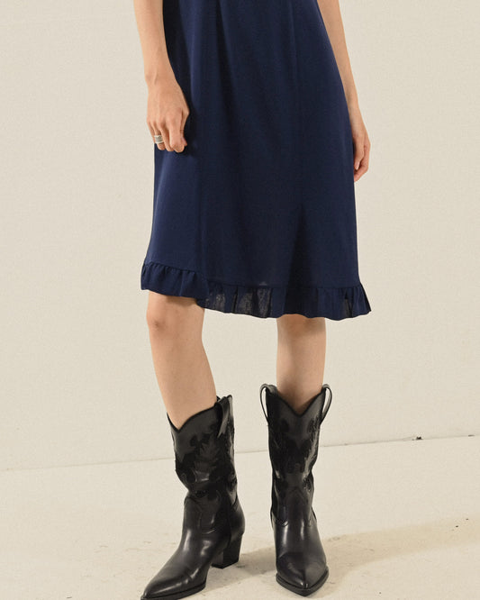 荷葉綴飾純色短袖古著洋裝