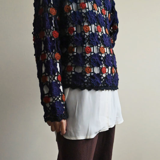 細緻鏤空織花對色古著針織上衣