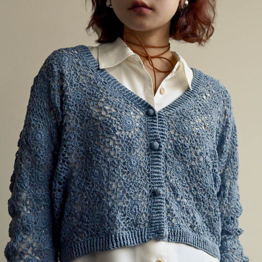 細緻鏤空織花棉質古著針織上衣