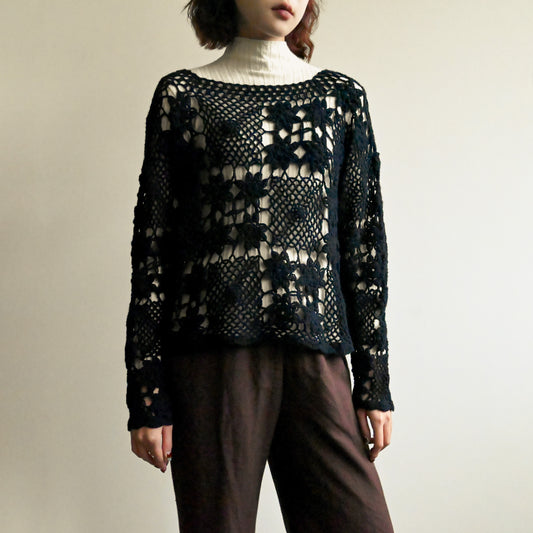 細緻鏤空織花純色古著針織上衣
