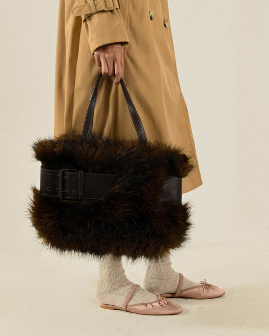 人造皮草古著手提包