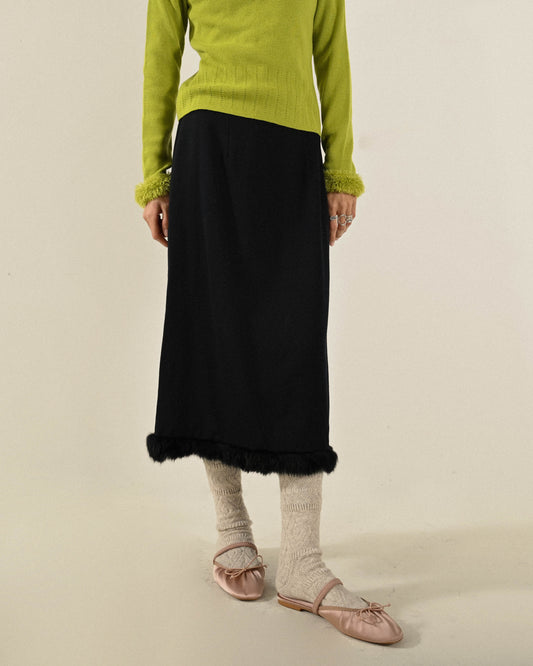 皮草綴飾毛料古著長裙