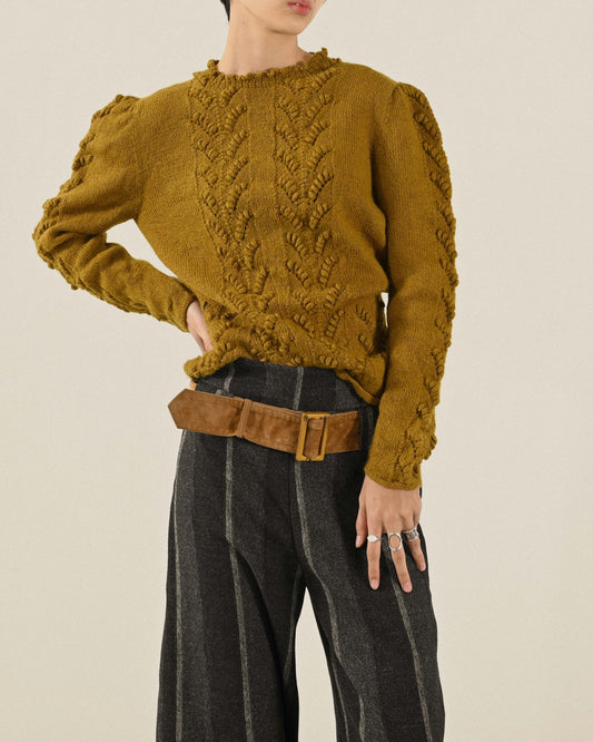 羊腿袖型立體織花古著毛衣