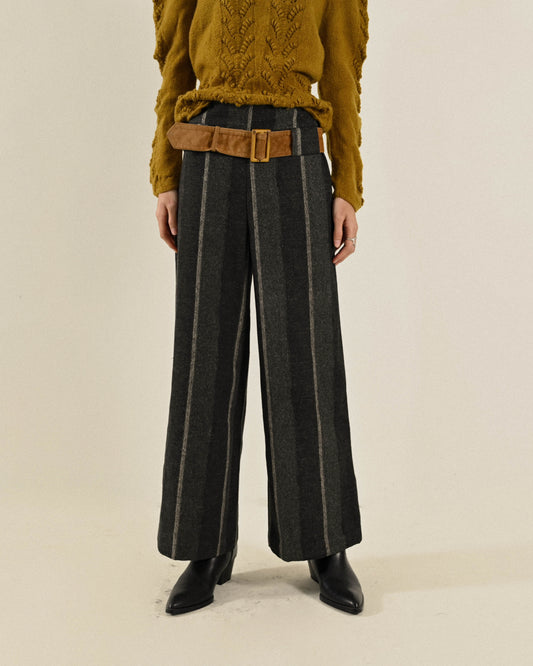 條紋絨面高腰古著寬褲