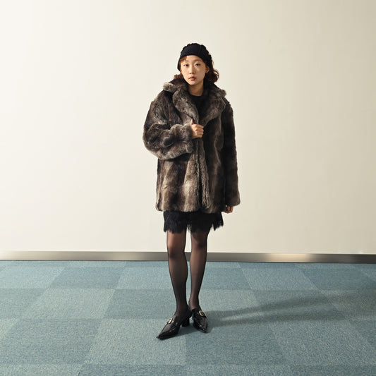 銀棕色系人造皮草短版古著大衣