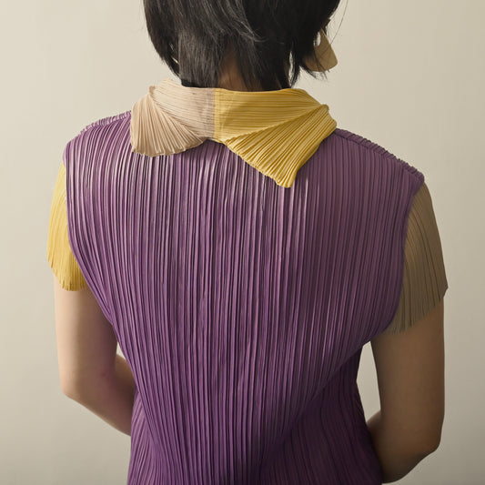 拼色設計壓褶短袖古著襯衫