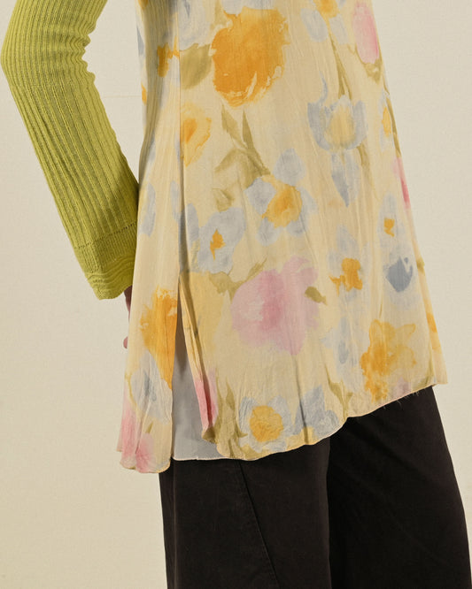 義大利製花卉印花紗質細肩帶古著洋裝