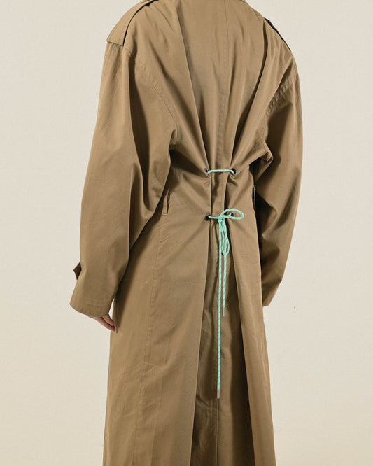 Upcycling對色綁帶長版古著風衣