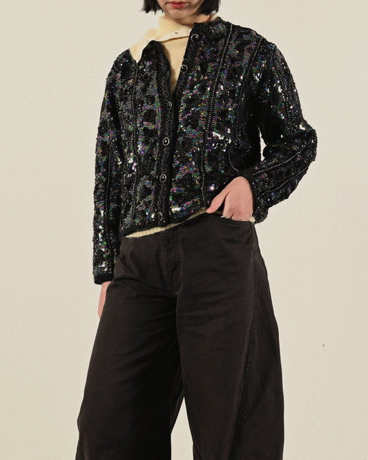 精工亮片綴飾開襟古著毛衣