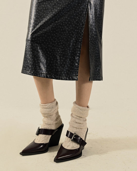 俐落開衩人造皮革高腰古著裙