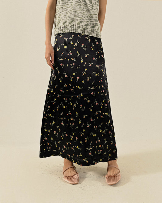 花卉印花緞面高腰古著長裙