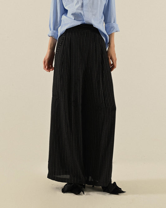 紗質條紋寬版高腰古著長褲