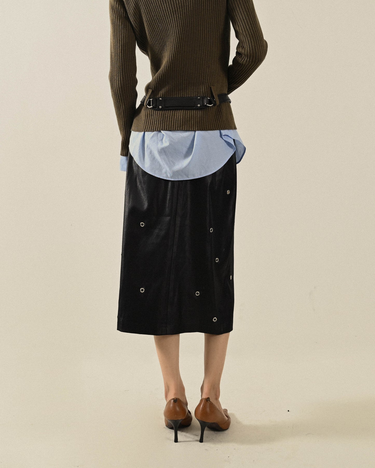 Upcycling金屬釦洞高腰古著長裙