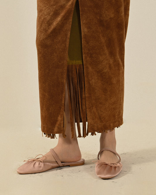 流蘇綴飾絨面高腰古著長裙