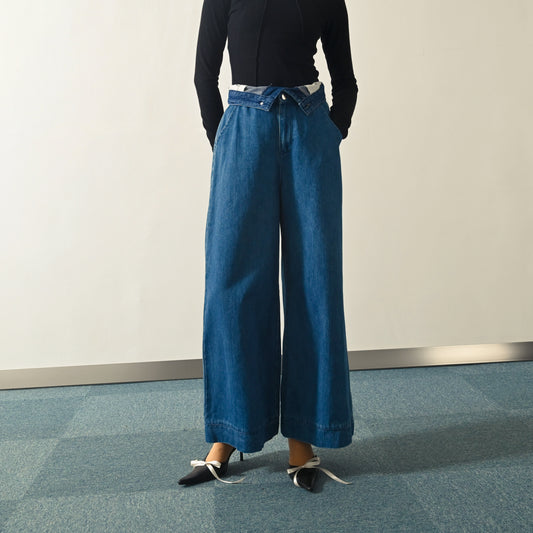 Upcycling反折褲頭牛仔古著寬褲