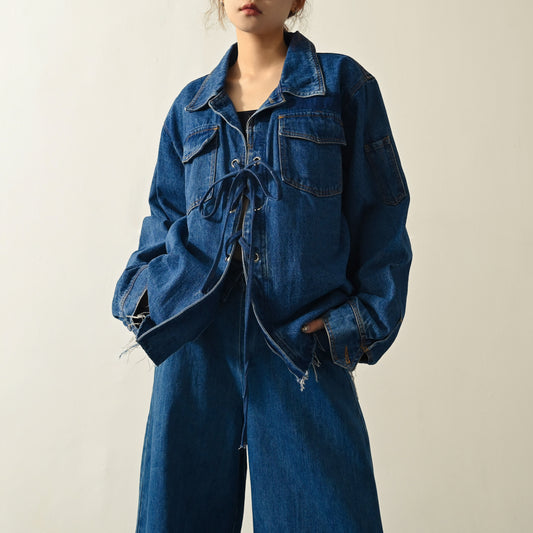 Upcycling穿繩設計寬鬆古著牛仔外套