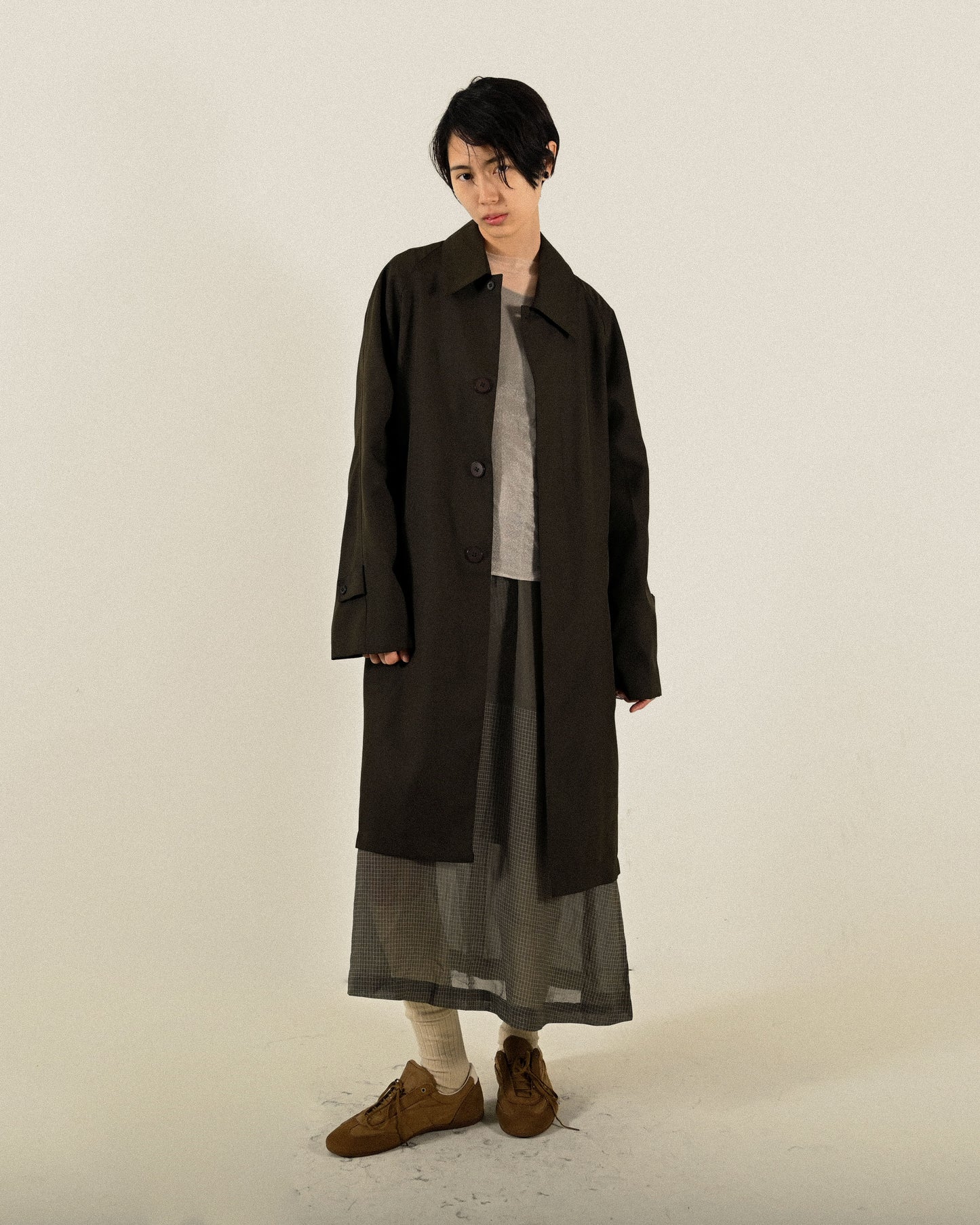 日本製橫條拼接設計紗質古著洋裝