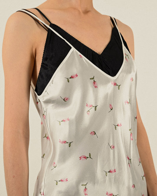 兩件式緞面印花細肩帶古著洋裝