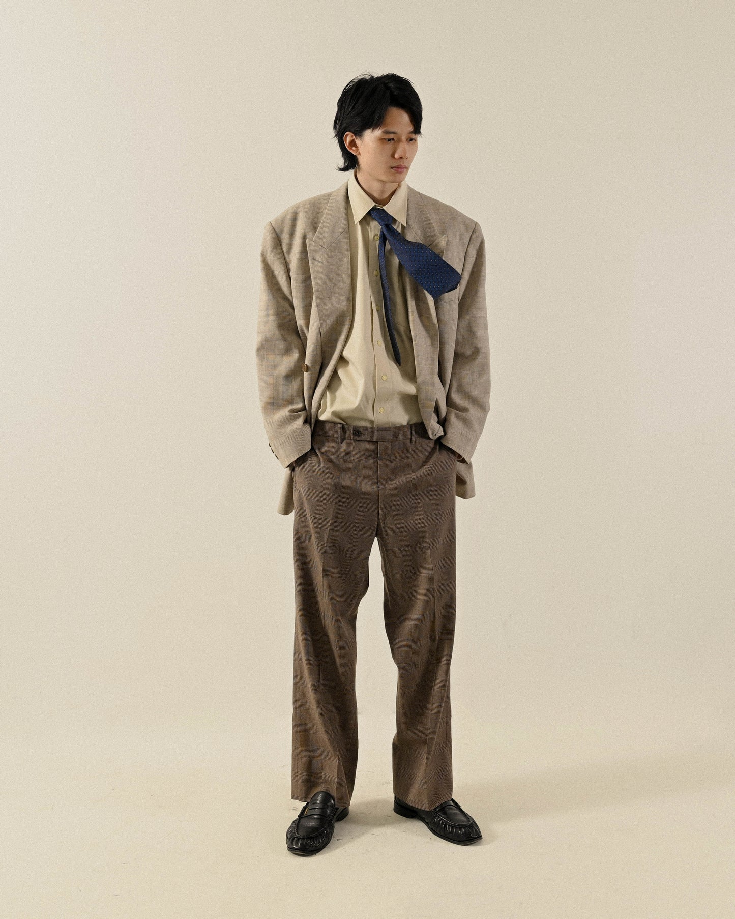 格紋毛料古著西裝長褲