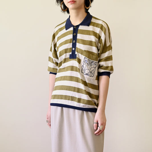 對色條紋棉質針織古著上衣