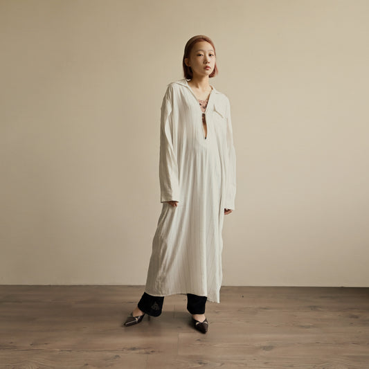 寬鬆輪廓麻質長版古著襯衫