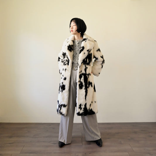 黑白斑紋人造皮草古著大衣